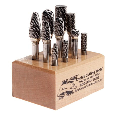 KODIAK CUTTING TOOLS 10 Piece Carbide Bur Set 1/4 Inch Shanks with Wooden Stand 56310006